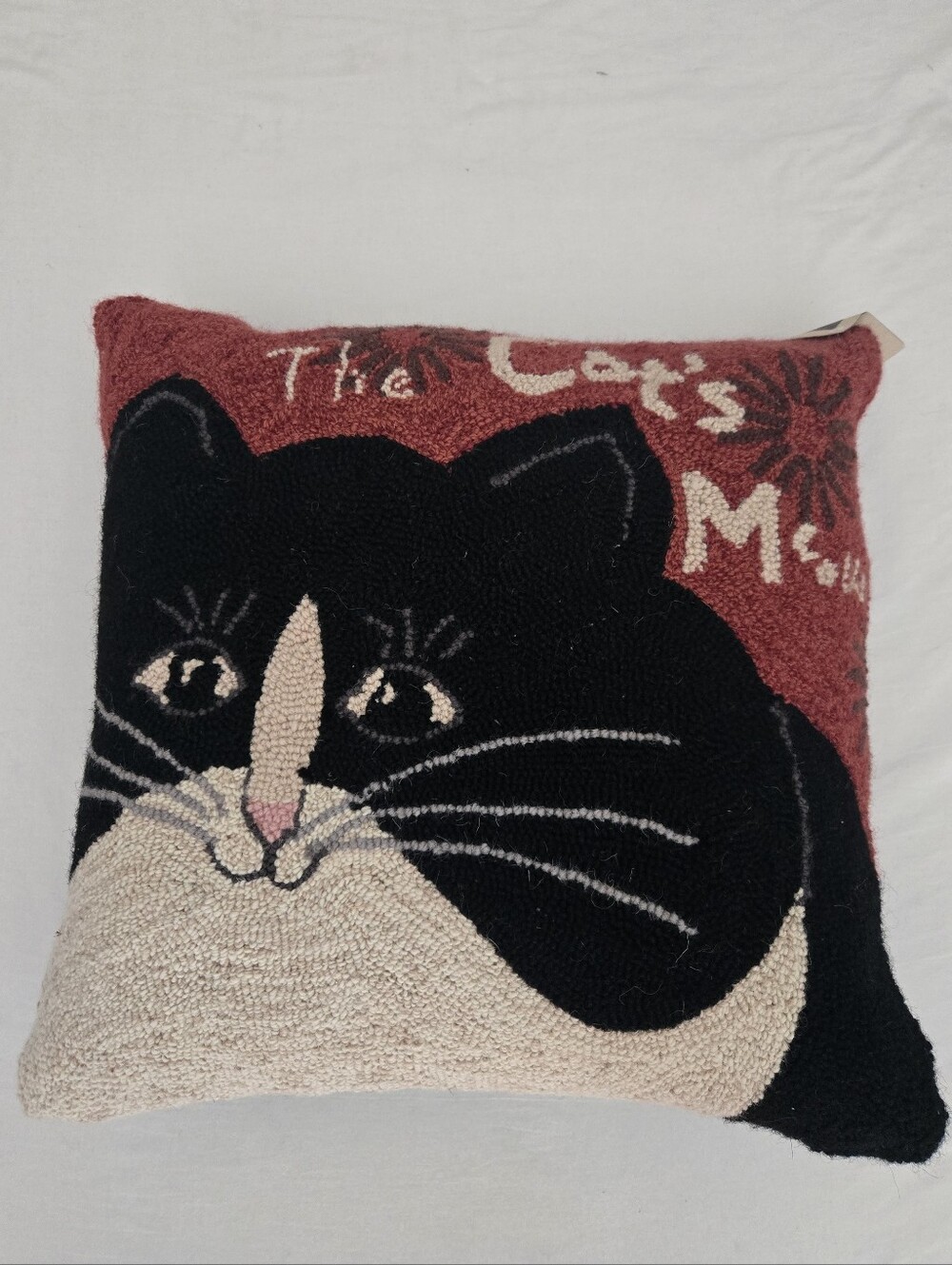 Warren Kimble New Nwt HOOKED Cat WOOL PILLOW The Cat's Meow Black Red Primitive